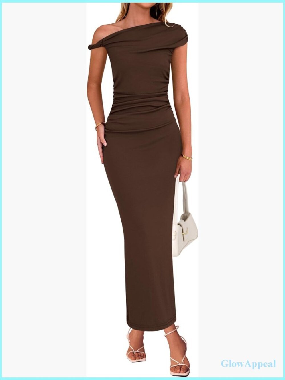 Elegant One Shoulder Ruched Bodycon Maxi Dress - Stretchy Knit, Sleeveless,